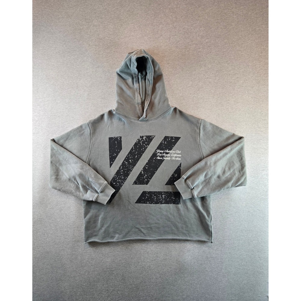 YoungLA 568 Icon Hoodie Mens XL Grey Mineral Wash French Terry Graphic Raw Hem